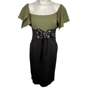 Venus Black Olive Green Corset Flutter Sleeve Sheath Dress‎ sz 6